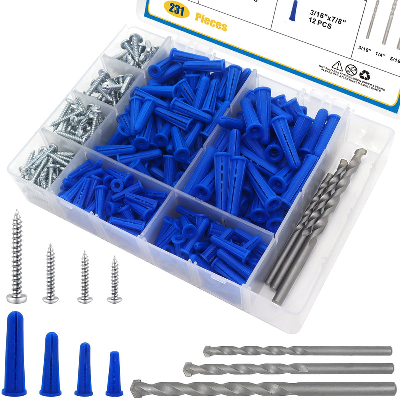 [Australia - AusPower] - Conical Concrete Wall Anchors and Screws Assortment Kit, 228 Pcs Masonry Anchors with 3PCs Drill Bit,114 Brick Wall Anchors and 114 Self Tapping Screws, Blue 