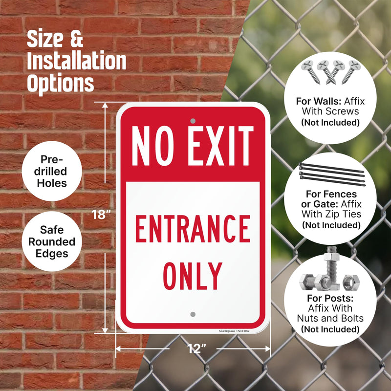 SmartSign No Exit Entrance Only Sign - 2-Pack, 12" x 18", 80 mil Thick Aluminum Composite (ACM), Pre-Drilled Holes, Red and White, Made in USA