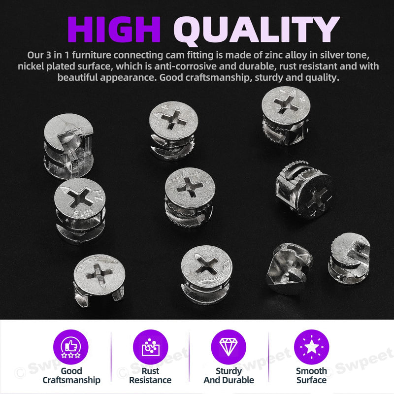 [Australia - AusPower] - Swpeet 100Pcs 4 Sizes 3 in 1 Furniture Connecting Cam Lock Fittings Assortment Kit, Fastener Cabinet Connectors Hardware Bolts Furniture Connecting Lock Nut for Closets Bed Furniture Connecting 
