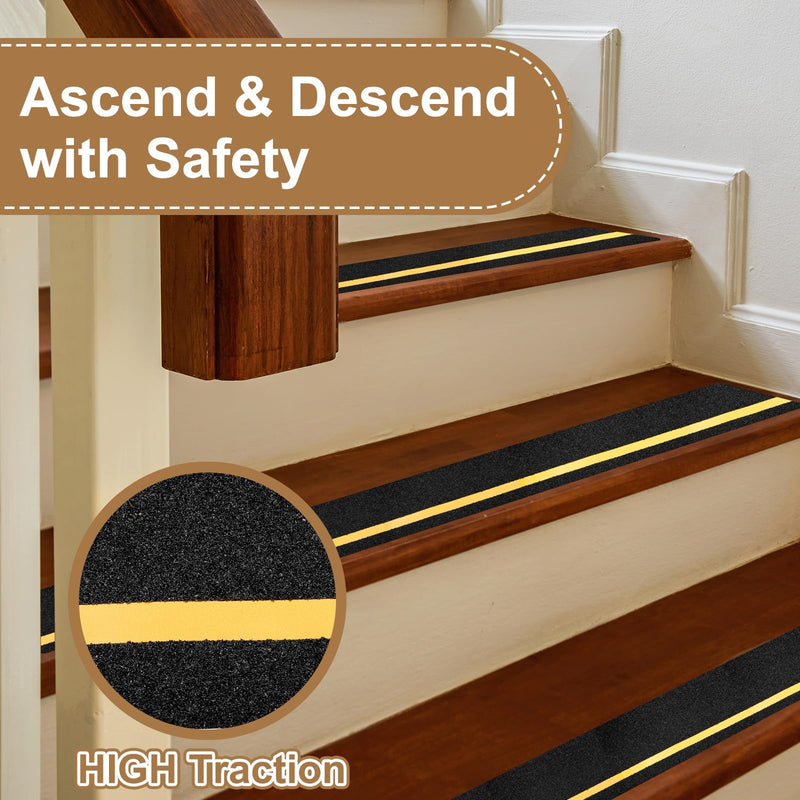 PATIKIL 24x6 Inch Black Non-Slip Stair Treads Tape, 5 Pack Self Adhesive Anti-Slip Stair Strips with 12mm Glow-in-The-Dark Strip for Wooden Steps