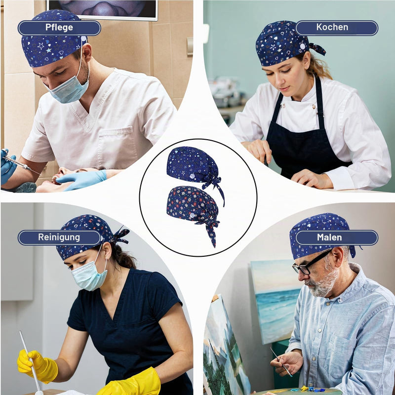 Pack of 2 Women's Surgical Caps, Adjustable Work Caps, Cotton Nurse Cap with Buttons and Sweatband for Men and Women Colorful