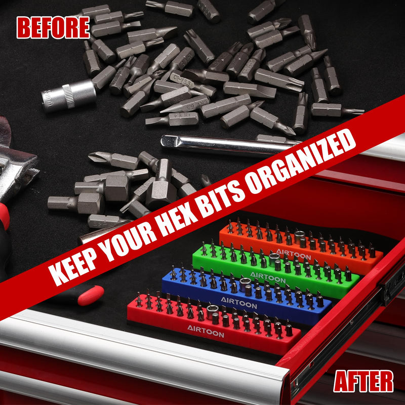 6PCS 1/4" Magnetic Hex Bit Holder, 43 Holes Bit Storage with Strong Magnetic Base, Magnetic Screwdriver Bit Organizer, Red, Blue, Green and Orange 6pcs(red+blue+green+orange)