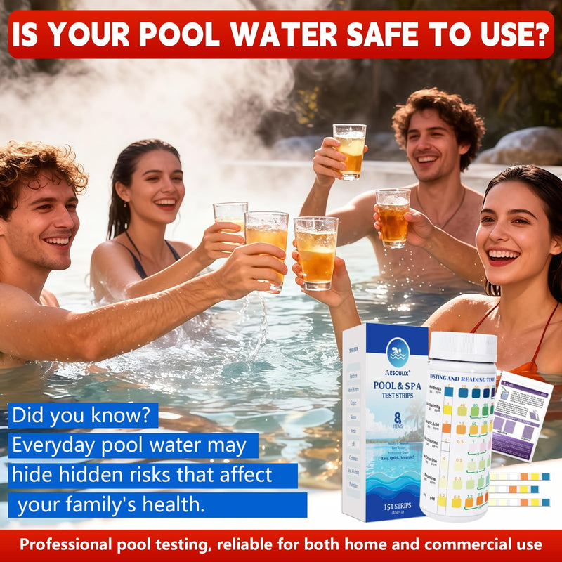 [Australia - AusPower] - 8-in-1 Pool Test Strips, 151 Strips Spa and Hot Tub Water Testing Kit, Pool Water Test Kit for Free Chlorine, Total Chlorine, Bromine, pH, Alkalinity, Hardness, Cyanuric Acid 