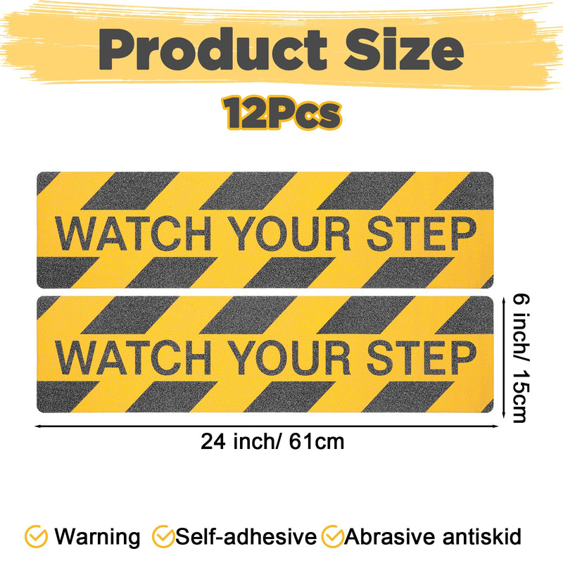 12 Pack Watch Your Step Sticker 6x24 Inch, Watch Your Step Sign Floor Decals, Anti-Slip PVC Stair Stickers, Waterproof Abrasive Tape for Wet Floor Caution, Indoor Outdoor Safety