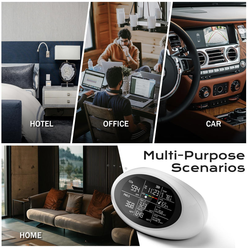 [Australia - AusPower] - 12-in-1 Air Quality Monitor Indoor, Portable Air Quality Monitor, for CO2, PM1.0, PM2.5, HCHO, TVOC and Others, Air Quality Tester for Home, Hotel, Office, Car, Battery Powered Air Monitor (White) White 