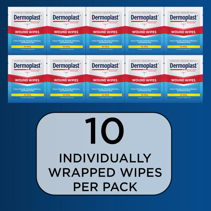 [Australia - AusPower] - Dermoplast Wound Wipes Medicated First Aid Cloths, Analgesic & Antiseptic Wipes for Treating Minor Cuts, Scrapes and Burns on The Go, Sting Free Formula, 10 Individual Cloths (Packaging May Vary) 3-in-1 First Aid Cloths 