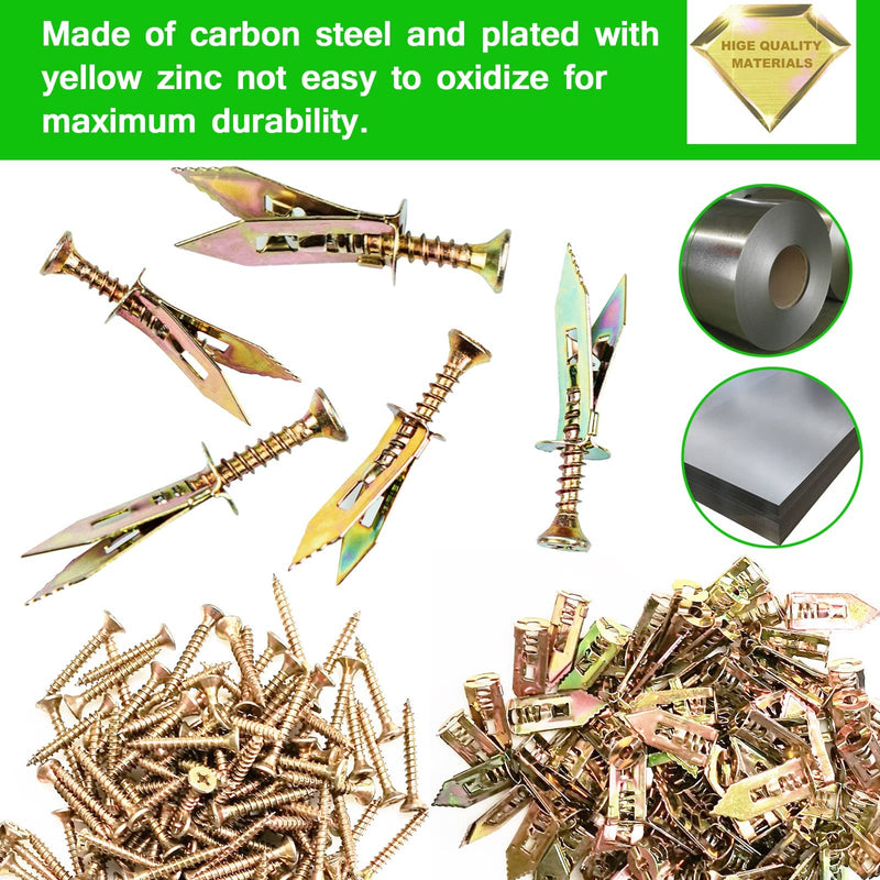[Australia - AusPower] - 200 PCS Zinc Plated Steel Self-Drilling Anchors?Self Drilling Drywall Anchors Easy Application No Drill or Holes in Wall (100 PCS Steel Anchors 0.47X1.18inch and 100 PCS zinc Screw) 