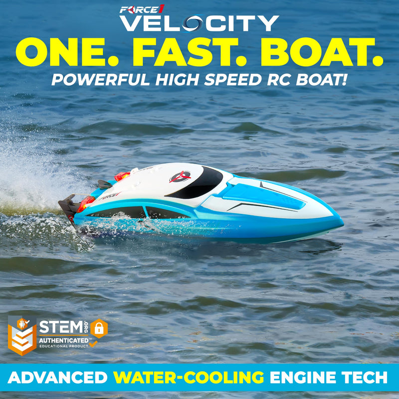 Force1 Velocity Blue Fast RC Boat- Remote Control Boats for Adults and Kids, Underwater Speed Racing Mini RC Boats for Pools and Lakes, 2.4GHZ Transmitter, 2 Rechargeable Batteries, Low Battery Alert