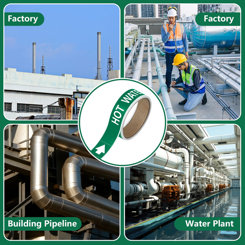 1 Roll Economy Pipe Markers - 1" Height x 8" Hot Water Pipe Labels, White On Green Pressure Sensitive Vinyl