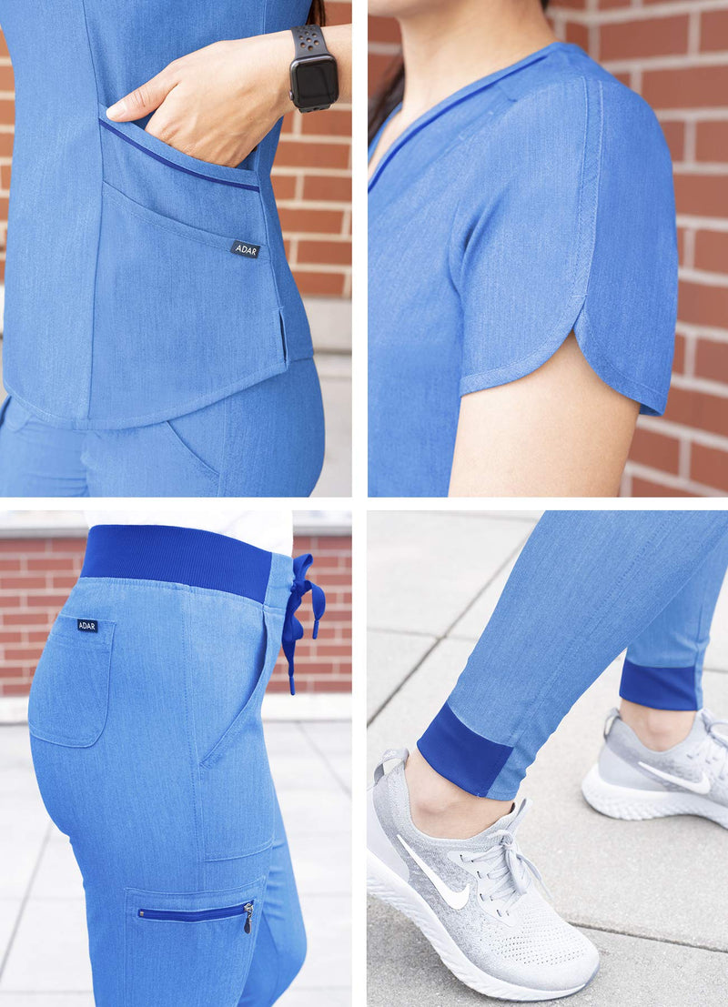 [Australia - AusPower] - Adar Pro Modern Athletic Scrub Set For Women - Modern V-Neck Scrub Top & Yoga Jogger Scrub Pants Medium Heather French Blue 