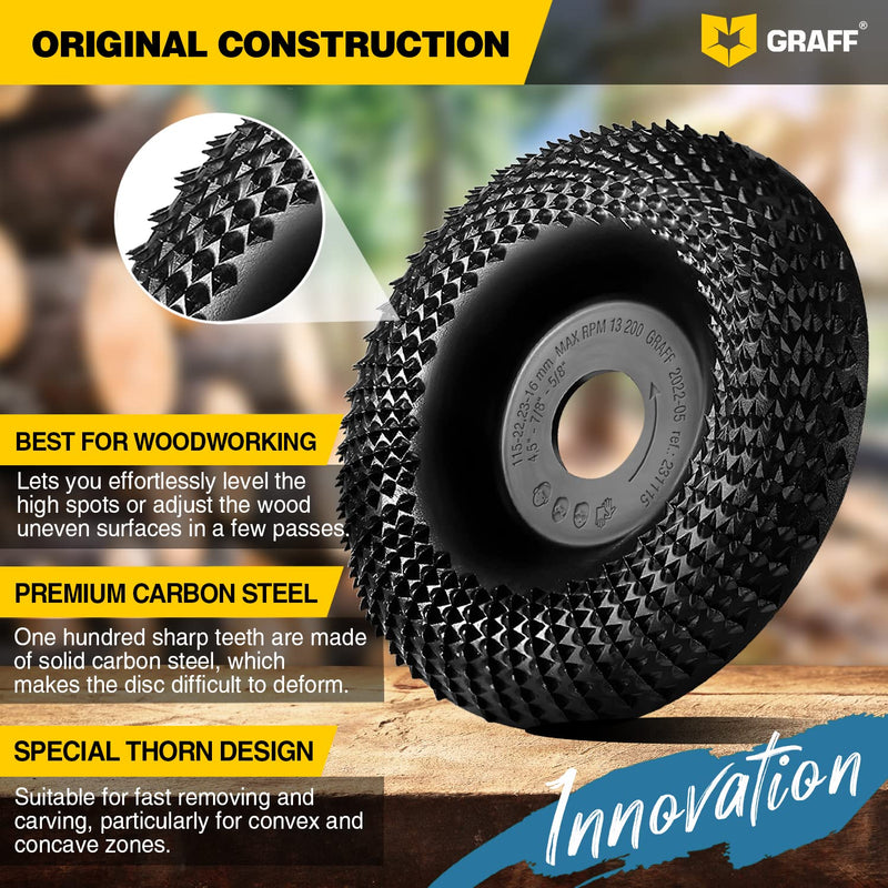 [Australia - AusPower] - GRAFF Premium Wood Carving Disc 4 1/2 Inch for Angle Grinder - Shaping and Grinding Wheel for Wood, Drywall, Chipboard, Plastic - Woodworking Angle Grinder Attachment with 7/8" - 5/8" Arbor Ø 4 ½ Inch Curved Carving Blade 