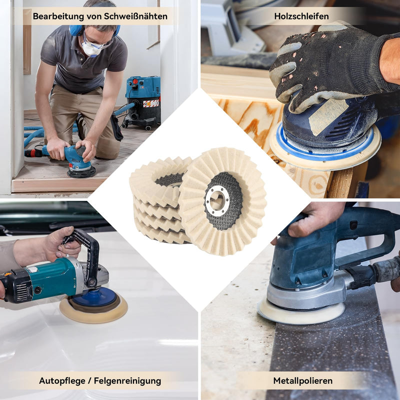 Pack of 5 Polishing Discs 125 mm, 22.2 mm Wool Felt Polishing Attachment Angle Grinder, Abrasion-Resistant and Safe Glued, Polishing Discs for Sanding and Polishing Paint, Stainless Steel, Wood and Plastic
