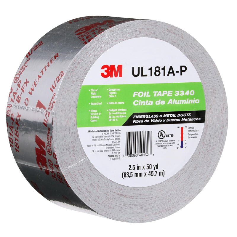 3M Aluminum Foil Tape 3340, 2.5" x 50 yd, 4.0 mil, Silver, HVAC, Sealing and Patching Hot and Cold Air Ducts, Fiberglass Duct Board, Insulation, Metal Repair 2.5 inches x 50 yards x 0.004 inches