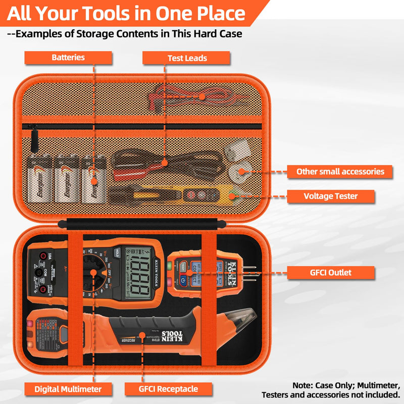 Storage Case Only for Klein Tools Electrical Testers -Hard Protective Carrying Bag Compatible with 80101 Circuit Breaker Finder Kit & ET310/ 69149P Digital Multimeter, XL Size (Does NOT Include Tools) Large Black&Orange