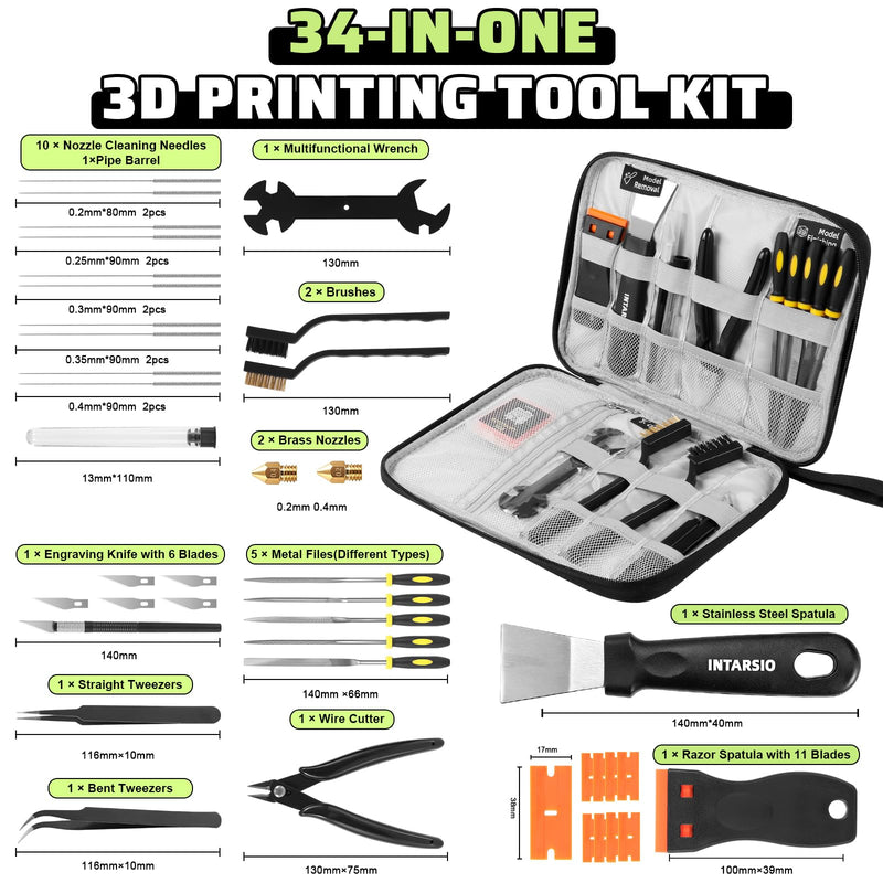 [Australia - AusPower] - 3D Printer Tools Kit, 34pcs 3D Printer Accessories for All FDM/SLA Printers Includes Nozzle Cleaning, Removal Scrapers, Finishing Tools, 5 Types of Files,Brushes, Wire Cutter, Engraving Knife All-purpose Kit 