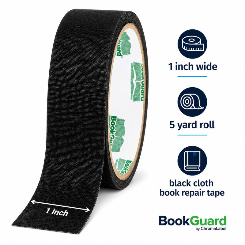 BookGuard 1 Inch Black Book Binding Tape, Cloth Book Repair Tape for Spines, Hinges, Covers, Bibles, Hymnals, Libraries and Schools, 5 Yard Roll 1" Wide, 5 Yards