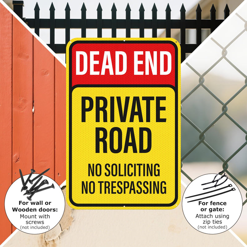 2 Pack Dead End Private Road No Trespassing No Soliciting Sign Reflective Aluminum 18 × 12 Inches Rust Free Metal Dead End Sign for Property House Outdoor