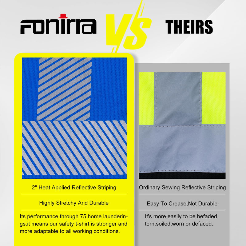 FONIRRA Safety Reflective High Visibility Shirts for Men ANSI Class 3 Hi Vis Long Sleeve Construction Work T-Shirts with Durable Reflective Tape, Blue X-Large