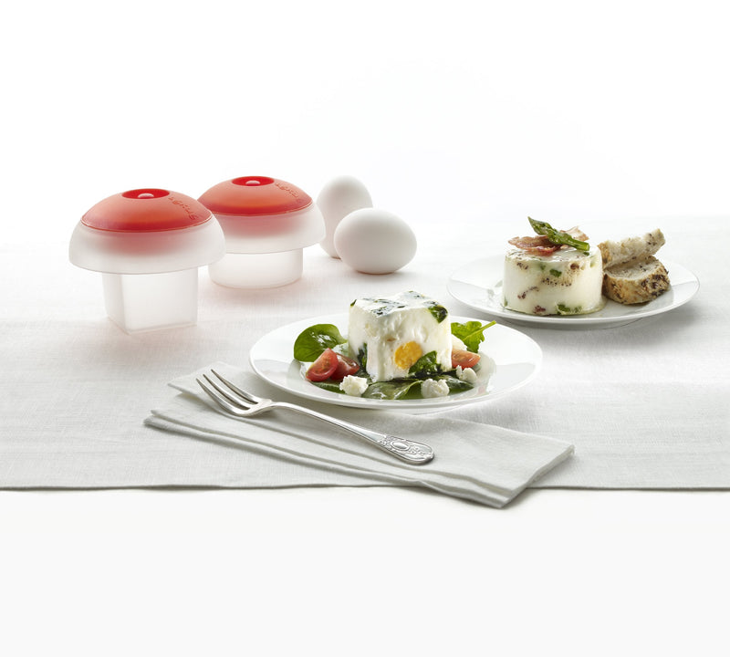 Lékué Microwave Ovo Egg Cooker | Set of 2 | x1 Round & x1 Square Egg Mold | Fast Egg Cooker in Pan or Microwave | Add Vegetables For Mini Omelets | Dishwasher Safe | Cooking Guide & Recipes Included Cylinder/Square Red