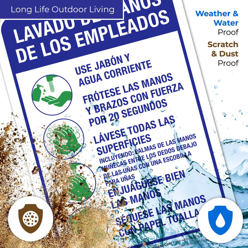 Hand Washing Sign Spanish, 10x7 Inches, Handwashing Instruction Sign, Rust Free 0.40 Aluminum, Fade Resistant, Easy Mounting, Indoor/Outdoor Use, Made in USA