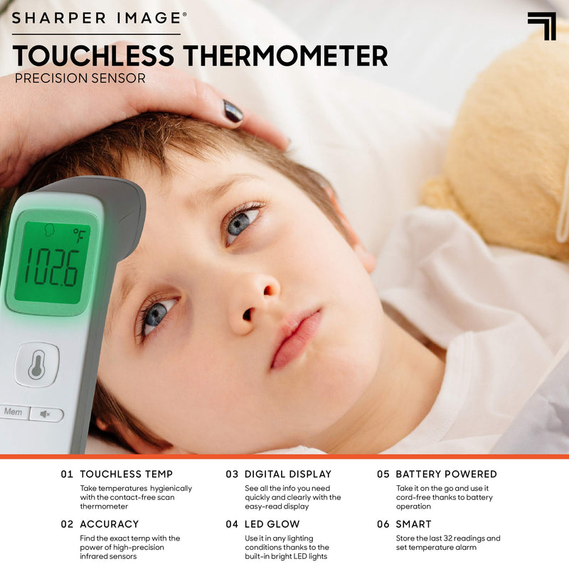 [Australia - AusPower] - SHARPER IMAGE Digital Touchless Smart Forehead Thermometer, High-Precision Infrared Sensors, Stores 35 Readings, Touch-Free Temp Scans, Battery Powered, Built-in LED Glow Light 