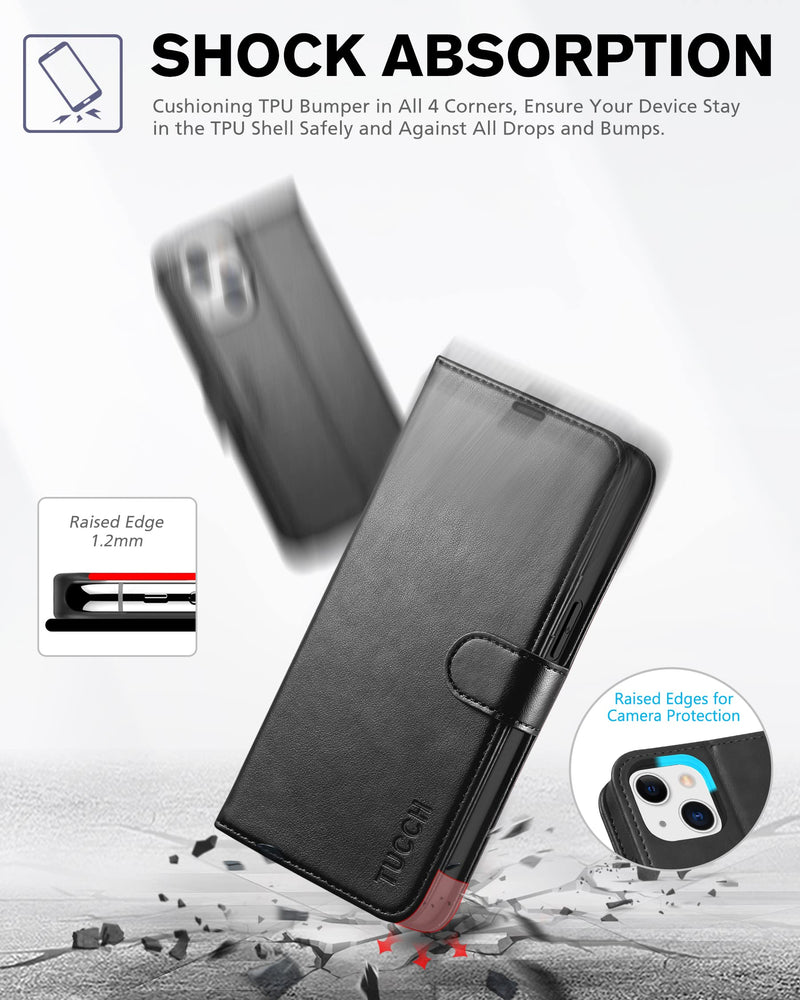 [Australia - AusPower] - TUCCH Case for iPhone 13 Wallet Case, PU Leather Flip Folio Case with [Shockproof TPU Inner Shell], RFID Blocking Card Holder Kickstand Phone Cover Compatible with iPhone 13 6.1-inch 2021, Black 