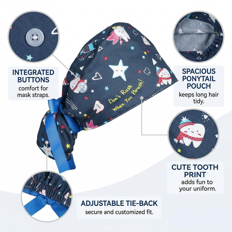Nurse Caps, 1 Scrub Cap for Women with Buttons and Sweat-Absorbing Headband - Adjustable Surgical Cap Suitable for Long Hair