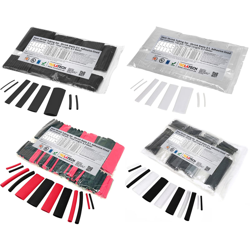 142-piece set 3:1 with adhesive heat shrink tubing assortment Set with total length of 8.3 m. Waterproof thanks to hot glue layer on the inside. By Isolatech. | Blank 8.3 m total length, in plastic bag, hot glue layer for waterproof connections, made o...