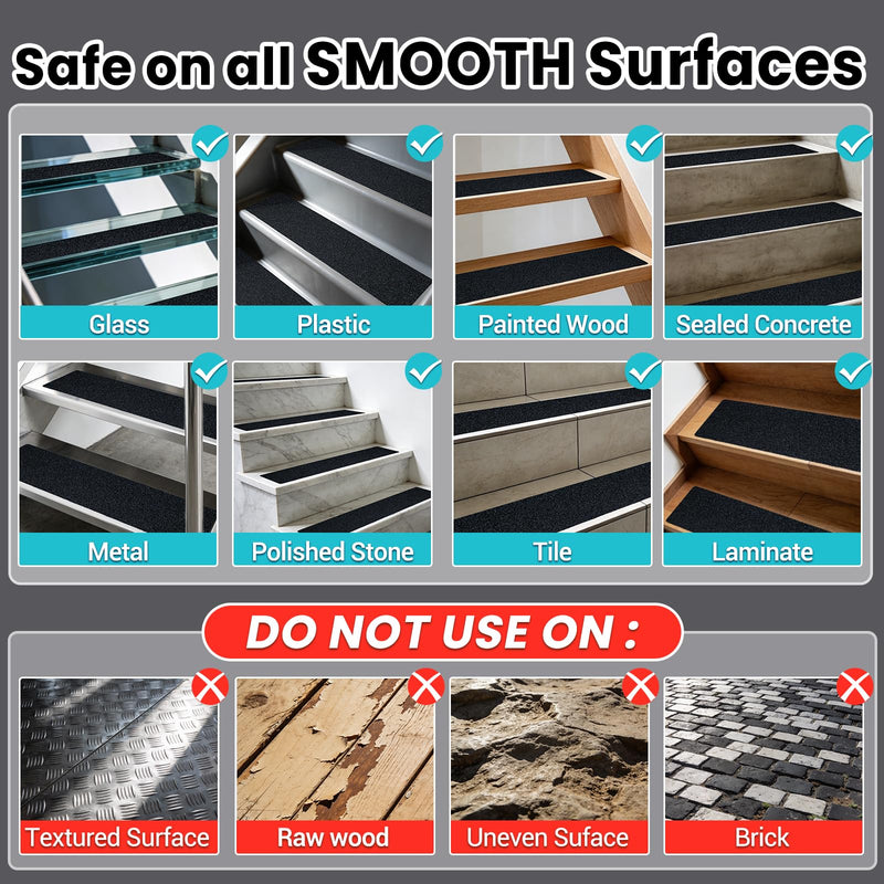 6" x 30" Anti Slip Traction Treads Tape (12-Pack), Pre-Cut Grip Tape for Stair Steps Outdoor, Waterproof Black Non Slip Stair Treads for Floor Safety, Easy to Install 6" x 30" 12
