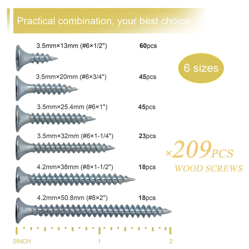[Australia - AusPower] - High Hardness Wood Screws Assortment Kit, 209 pcs, Phillips Drive Flat Head, Wood Screws, Screws, Drywall Screws, Assorted Screws, Screws Set, 6 Sizes (2”,1-1/2”,1-1/4”,1”,3/4”,1/2”) 209 Screws 
