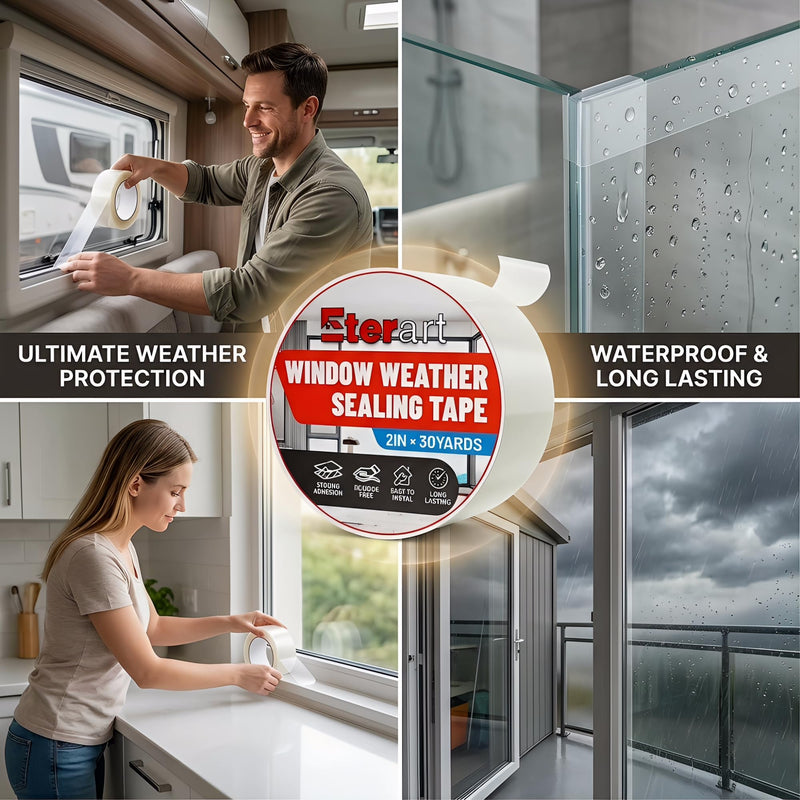 ETERART Transparent Weatherproof Seal Tape 2" x30Yds - Heavy Duty Waterproof Adhesive for Winter Drafts & Rain Leaks, No-Residue Weather Stripping for RVs, Windows, Doors & Renters 2" x 30 Yards