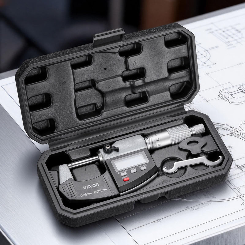 VEVOR Micrometer, Digital Micrometer, Measuring Range 0-25.4mm, Resolution 0.001mm, Highest Precision 0.003mm Accuracy, LCD Display, Inch/mm Switching, Carbide Tip, with Case