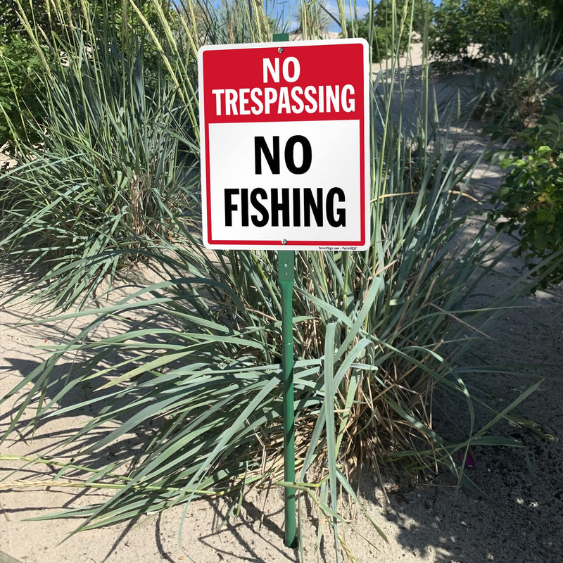 SmartSign 12 x 10 inch “No Trespassing - No Fishing” LawnBoss Yard Sign with 3 foot Stake, 40 mil Laminated Rustproof Aluminum, Red and White, Set of 1 10" x 12" sign with 3' Stake