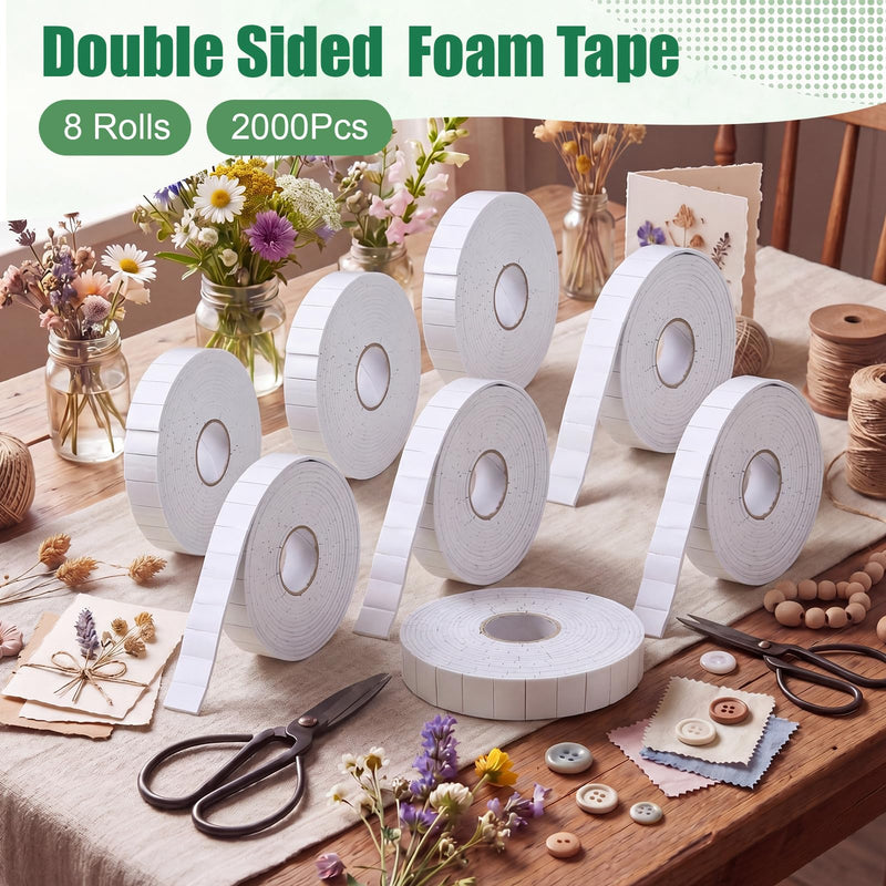 8 Roll 2000 Pcs Double Sided Foam Tape Pre-Cut 3/4 x 1/2 Inch 3D Adhesive Squares Heavy Duty No Residue Mounting Tape Dots for Crafts DIY Art Sewing Office Supplies