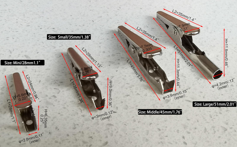 [Australia - AusPower] - Multipurpose Metal Mini Alligator Clips for Battery Test Lead Steel Crocodile Clamps, Place Card Holder,Silver Tone Nickel Plated Large/Midium/Small/Mini (51/45/35/28mm) 4 Sizes/100PCS All sizes 