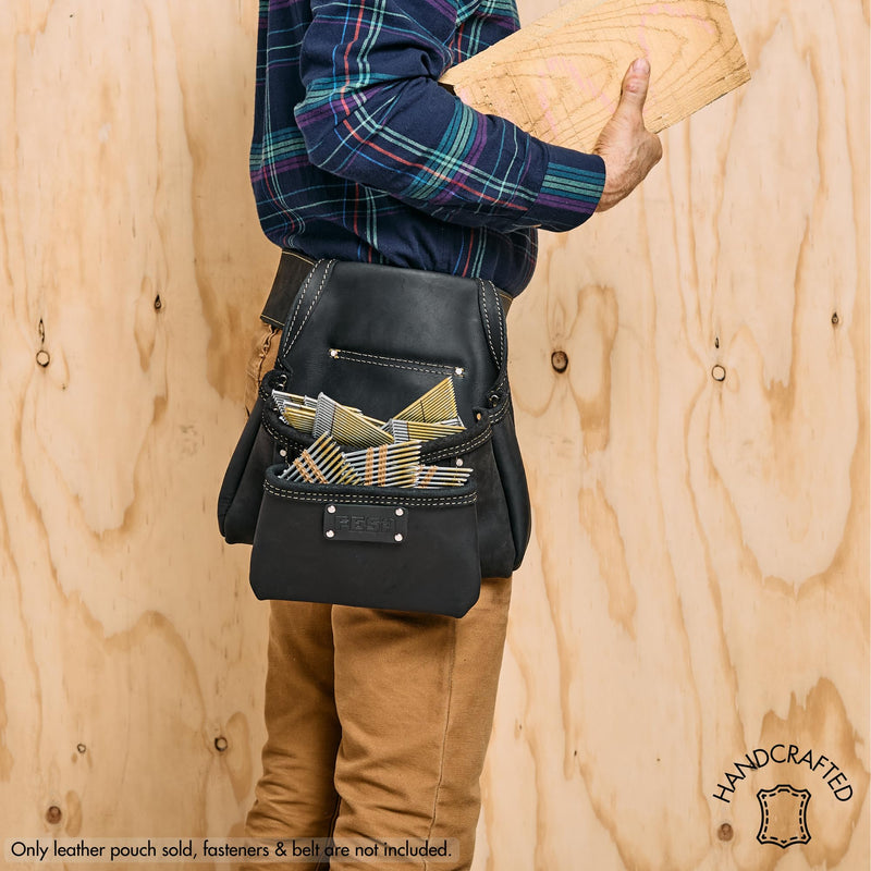FESA 2 Pocket Nail Pouch for Tool Belts - Leather Screw Pouch with 2 Extra Large Pockets for Fasteners - Heavy Duty Rivets & Stitching - Fits Tool Belts up to 3" - Handcrafted Black
