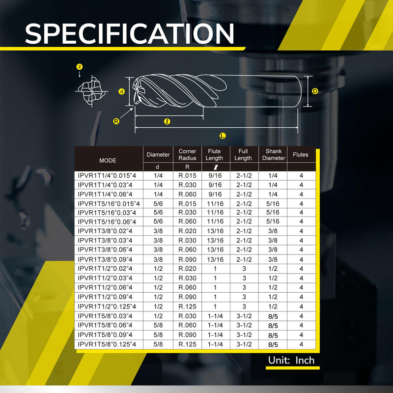 [Australia - AusPower] - SPEED TIGER Carbide Corner Radius End Mill - 4 Flute - IPVR1T3/8 0.02" 4 (1 Piece, R0.02, 3/8") - Unequal Flute Spacing & Helix Design - for Titanium - Mill Bits Sets for DIYers & Professionals 3/8 in 