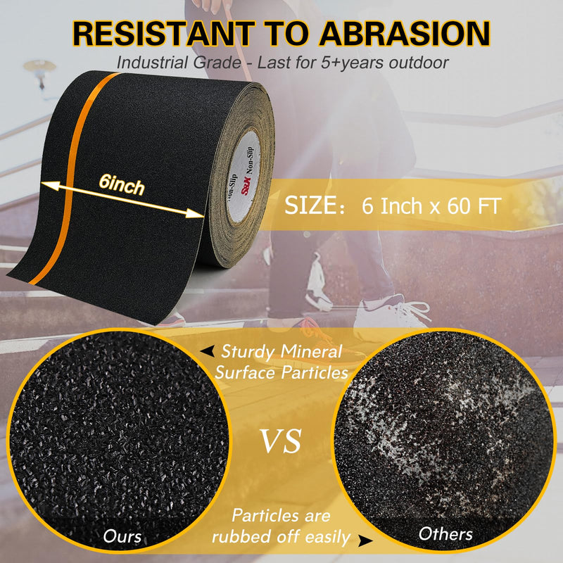 S&X Heavy Duty Anti Slip Tape 6 Inch x 60 Ft, 2X Longer Enhanced Adhesive Grip Tape with Reflective Strip, Outdoor Stair Treads Non-Slip for Steps Ramps Boats Decks Long-Lasting 6" X 60' Black/Reflective