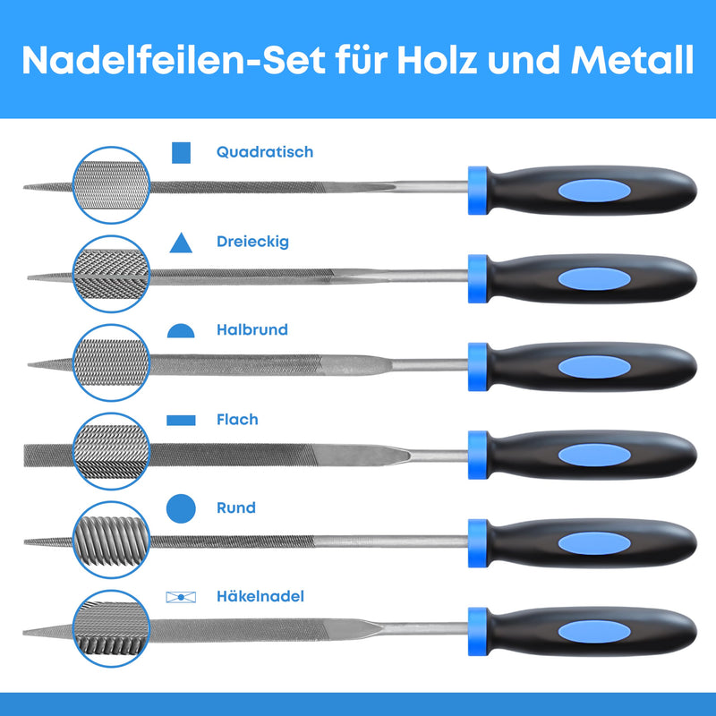 [Australia - AusPower] - EffektWerk - 6-pc Needle File Set for Wood, Metal, Plastic & Jewellery - Small Round, Half-Round, Square, Triangle, Flat & Flat Pointed Files - Handy Tools for Fine Finishing w/Ergonomic Handles 
