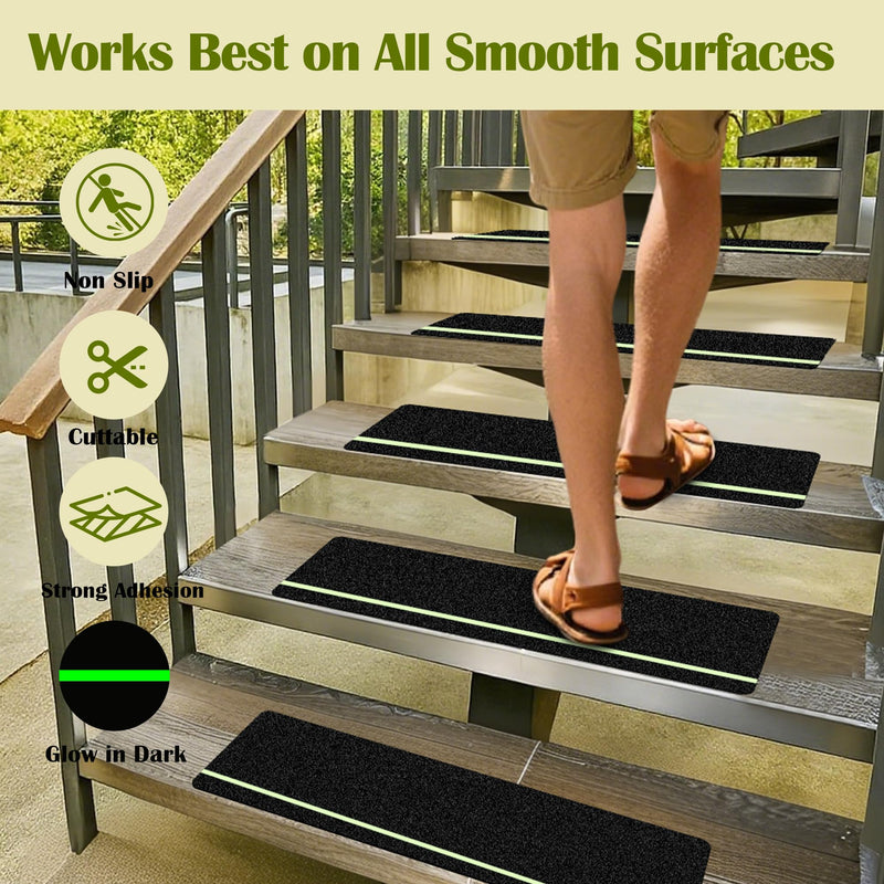 Outdoor Stair Treads Non Slip with Glow in Dark Stripe, 5.9" x 23.6" Anti Slip Tape for Wooden Steps, Non Skid Grip Tape Stripes for Stairs, Steps (5, 5.9" x 23.6" Black with Glow-in-The-Dark)