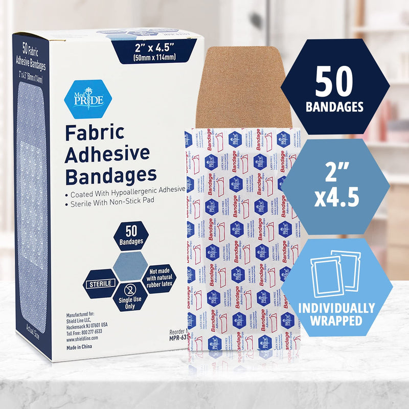 [Australia - AusPower] - MED PRIDE Sterile Fabric Adhesive Bandages [50 Count]- First Aid Bandages Coated with Hypoallergenic Adhesive & Non-Stick Pad- Latex-Rubber Free Wound Care Bandages- Individual Wrapped- 2 x 4.5'' 2 x 4.5'' - 50 Count 