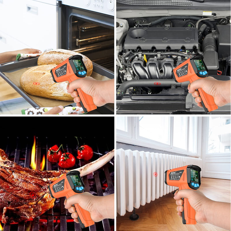 [Australia - AusPower] - Infrared Thermometer MESTEK Digital Laser Temperature Meter with K-Probe IR Pyrometer -50°C to 800°C Contactless Colour LCD Alarm Adjustable Emissivity for Kitchen Baking Industry orange 