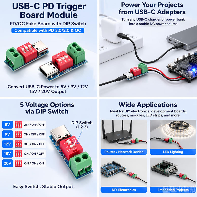 Pack of 5 USB C PD Trigger Board Module, Adjustable USB C 5V Module, PD/QC Decoy Board with DIP Switch, PCB Converter Board USB C, Quick Charge Module USB C, PD Quick Charge Test Board