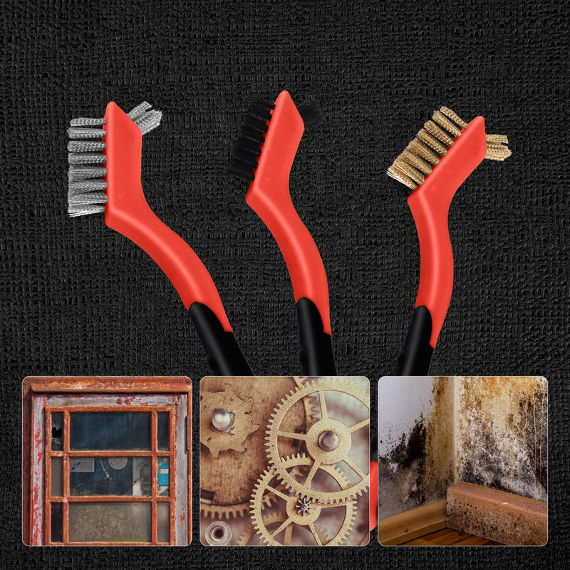 [Australia - AusPower] - MAXMAN Wire Brush Set 3Pcs, Small Wire Brushes for Cleaning, Rust Remover, Scrub Brush, Detailing Brush, Metal Brush, Stainless Steel/ Brass/ Nylon Bristles Bristle Brush, Scratch Brush, (Red) 3 PCS Brass/Stainless Steel/Nylon Bristles Red 