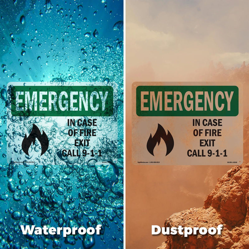 In Case Of Fire Exit Call 9 OSHA Emergency Rigid Plastic Sign 14 Inch x 10 Inch - 5 Pack 5 Pack of 14" x 10"