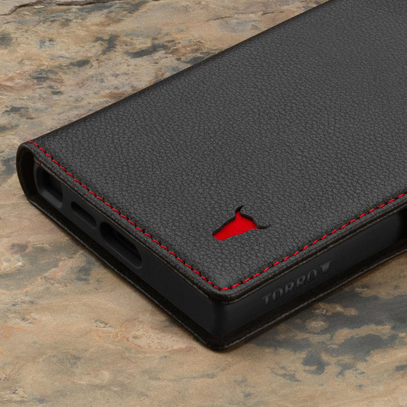 [Australia - AusPower] - TORRO Case Compatible with Samsung Galaxy S24 Ultra 5G – Premium Leather Wallet Case with Kickstand and Card Slots (Black with Red Detail) Black with Red Detail 