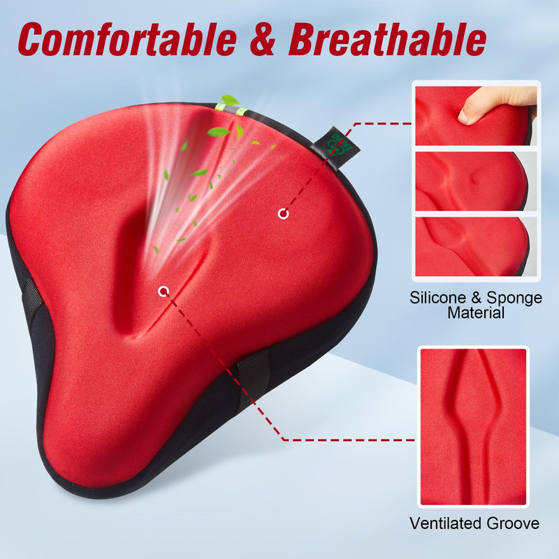 Zacro Bike Seat Cushion - Gel Padded Bike Seat Cover for Men Women Comfort, Extra Soft Exercise Bicycle Seat Compatible with Peloton, Outdoor & Indoor Bike Saddles Red Large