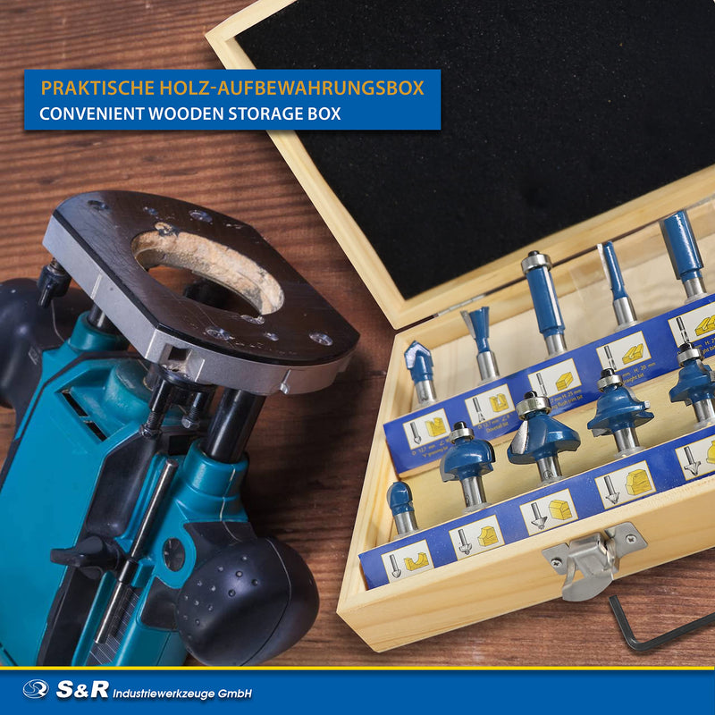 [Australia - AusPower] - S&R Milling Cutter Set HM Shaft 8mm Wooden Case Forged Tool Steel Cutting Plates Carbide in Wooden Box 1. Set 12 Fräser-Bits 