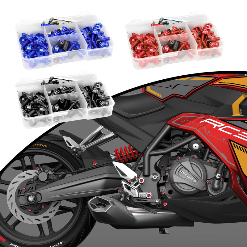 [Australia - AusPower] - 210Pcs Motorcycle Universal Fairing Bolt Kits, Aluminum Alloy M5 M6 Screws Fasteners, Washers Nuts Clips Assortment (Red) 