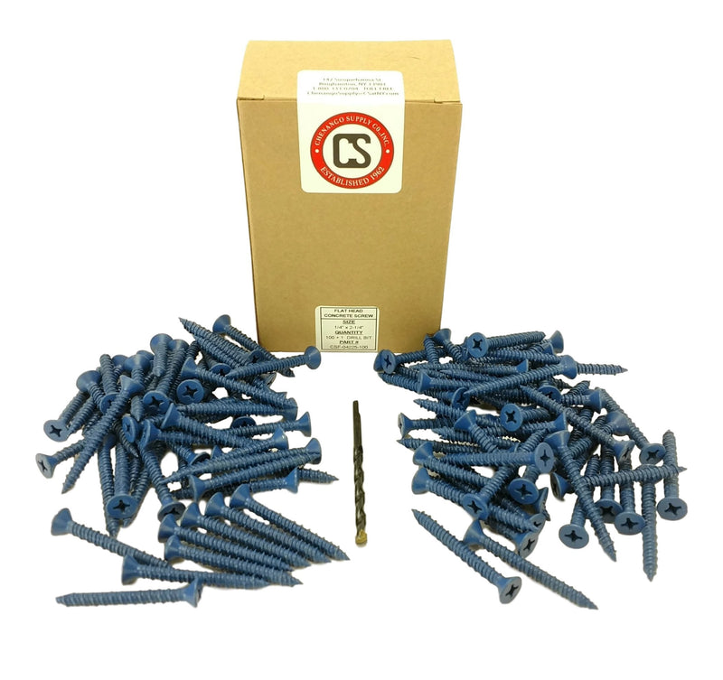 Flat Head Concrete Screw Anchor (1/4 x 2-1/4") 100 Pieces with Drill Bit (Miami-Dade Compliant) Chenango Supply